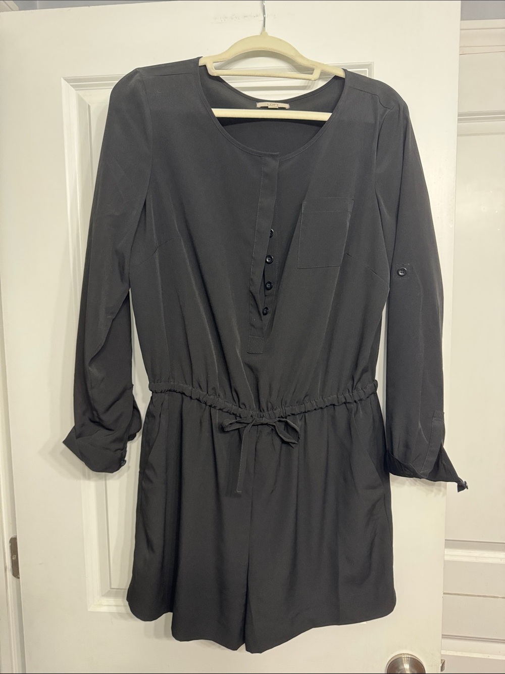 LOFT Charcoal Gray Long-Sleeve Drawstring Romper